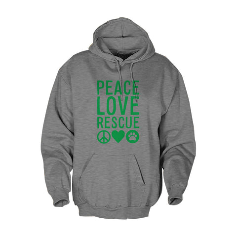 Peace Love Rescue Hoodie - Green print on Heather Grey